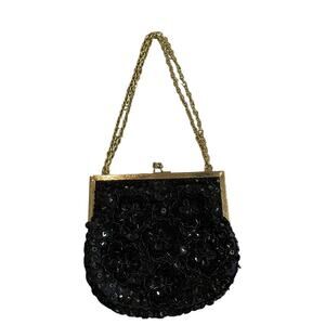 Vintage black sequined beaded evening handbag gold chain